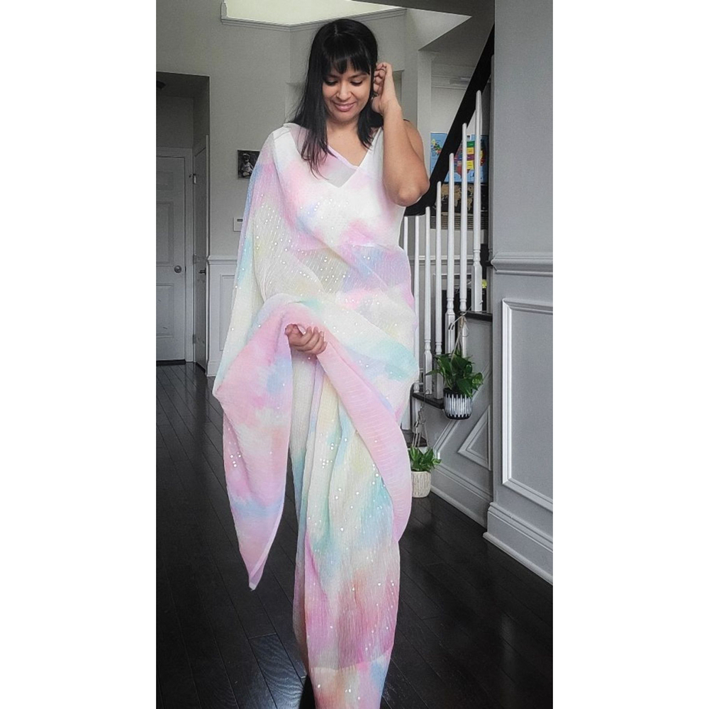 Multicolor pastel Georgette Saree/Sari & Stitched Blouse